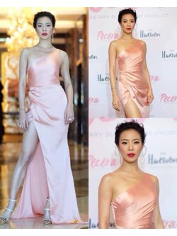 kudapy ชุดราตรียาวไหล่เฉียง เอวจีบข้าง กป.ยาว ผ้าเปเป้ไม่ยืด สีเขียวมิ้นท์ ,ฟ้า ,โอรส ,กรมท่า