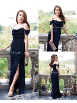 kudapy ชุดราตรียาวคอถ่วง3ชั้น ระบายคิมเบอรี่ ผ้าเครปซาติน กปยาว สีกรม , ฟ้า ,น้ำเงินสด