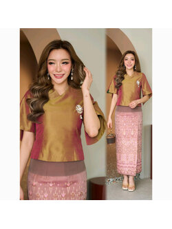 kudapy ชุดเซ็ทเสื้อผ้าไหมแพรทิพย์ สีทองไพรหม่นเขียว+ผ้าถุงผ้าฝ้ายทอลายแพรวากาฬสินธุ์