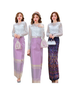 kudapy เสื้อลูกไม้เนื้อนิ่มแขนยาวสีขาว+ผ้าถุงสีม่วง สีกรมท่า สีชมพู ชุดไปงานแต่งเนื้อแน่น ผ้าทอลายอย่างดี