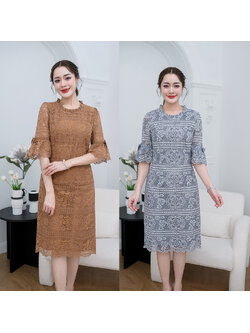 kudapy เดรสสั้นสีน้ำตาล/สีเทา ลูกไม้ตัวสวย ผ้านิ่ม ช่วงปลายแขนระบายรอบแขนแต่งโบว์ ผ้าไม่บางมีซับในทั้งชุด แต่งซิปหลัง