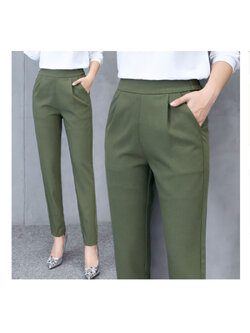 kudapy กางเกงแฟชั่นสีเขียวใส่ทำงาน ด้านหลังแต่งเอวยางยืดแบบผ้าผสมผ้ายืดสวมใส่สบายสุดๆ