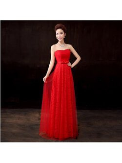 kudapy ชุดราตรียาวสีแดง เกาะอกลูกไม้ คลุมผ้าตาข่ายชั้นนอก แต่งโบว์ช่วงเอว