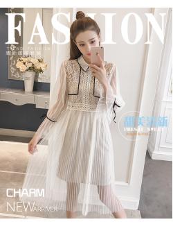 kudapy เดรสตัวเสื้อผ้าลูกไม้สีครีม คอปก แต่งหน้าอก L