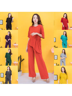 kudapy ชุดเซทเสื้อแต่งปลายเฉียงรูดข้างสีแดง กางเกงขาปล่อยกระบอกบานทรงสวย