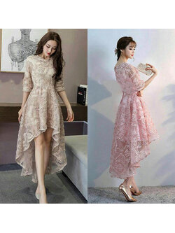 kudapy เดรสหน้าสั้นหลังยาวใส่ออกงานสีชมพู/สีครีมน้ำตาลทอง เดรสผ้าลุกไม้ปักเลี่อมแต่งดีเทลลวดลายตามแบบ