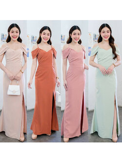 kudapy แม๊กซี่เดรสสายเดี่ยวสีชาไทย ครีมนู๊ด เขียวมิ๊นต์ ชมพูดัสตี้พิ้งค์ ไม่เสียวหลุดแต่งผ้าระบายปิดแขน อกป้าย เกาหลีมินิมอลสุดๆ เน้นเอวคอดใส่ผอมสวย กระโปรงผ่าหน้า