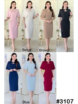 kudapy เดรสสั้น ผ้าคลุมบ่าถอดได้ เดรสดีไซส์ทรงคอเหลี่ยม มีขอบเอว กระโปรงทรงสอบ ผ่าหลังป้ายซ้อน ไม่โป๊ เดรสทรงสุภาพ