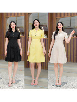 kudapy เดรสสั้นสีครีม สีดำ สีเหลือง คอปกกระดุมดอกไม้