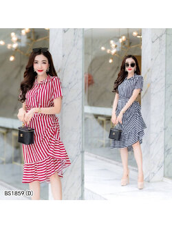 kudapy Set 2 ชิ้น สีแดง/ดำ เสื้อเชิ๊ตแขนสั้น ลายริ้ว เนื้อผ้าไหมอิตาลี + กระโปรงแต่งระบายจับจีบข้างเอว ลายริ้วเนื้อผ้าไหมอิตาลี