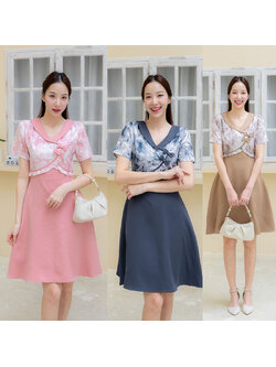kudapy เดรสสั้นคอวีสีชมพู/สีเทา/สีน้ำตาล แขนสั้น เดรสทรงบานแต่งเสื้อลาย ติดโบว์ 2 ชิ้น S M L XL