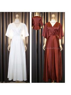 kudapy เดรสยาวสีขาว/สีแดงเข้ม คอวี แขนทรงระฆังพริ้วๆ พรางแขน พรางสะโพก ทรงสุภาพ ซิปหลังใส่ง่าย เนื้อผ้าใส่สบายมาก