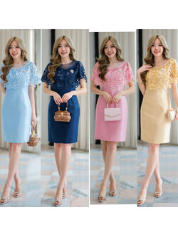 kudapy ชุดเดรสผ้าไหมสีชมพู/สีทอง/สีฟ้า/สีกรม งานอัดกาวทรงสอบผ่าหลังแต่งระบายช่วงตัวคอปาดมีซีทรู