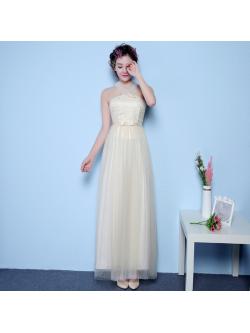 kudapy ชุดราตรียาวออกงานผ้าถักสีครีม เกาะอกผ้ายาวทำเป็นโบผูกด้านหลังเหมือนแบบ