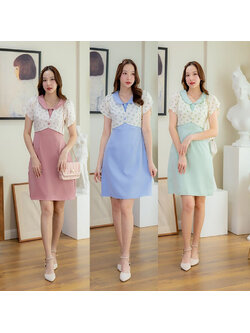 kudapy เดรสสั้นสีชมพู/สีฟ้า/สีเขียว สีพื้นคอปกแต่งเสื้อลายดอกกระดุม 1 ชิ้น