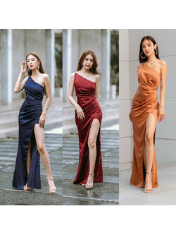 kudapy เดรสยาวสีแดง/สีกรม/สีชาไทย ไหล่เดียว แต่งเพชรสายคู่คาดหลัง ชุดราตรีออกงาน