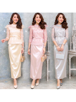 kudapy ชุดไทยประยุกต์สีทอง สีเทาเงิน สีชมพูโรสโกลด์ ชุดออกงานชุดทำบุญ Set เสื้อผ้าลูกไม้คอตั้งไหล่ยกแขนยาว แต่งกริ้ตเตอร์เล็กน้อยเพิ่มความหรู