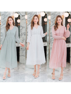 kudapy เดรสยาวสีขาว/สีเขียว/สีชมพู คอวีแขนยาวซีทรู ใส่สบายสวยดูดี