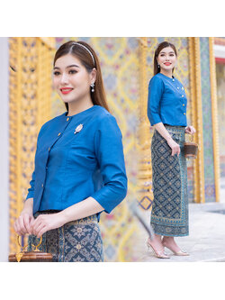 kudapy ชุดเซ็ท เสื้อผ้าไหมแพรทิพย์เกรดพรีเมี่ยมอัดกาว กระดุมทอง+ผ้าถุงเย็บสำเร็จทอลายอัดกาว ตะขอซิปหลัง