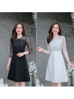 kudapy เดรสสั้นสีขาว/สีดำ ลูกไม้กระโปรงพื้น สวยหรูดูดี ผ้าลูกไม้ลายสวย ดีเทลตีเกล็ดชั้นรอบขอบเอวสวย