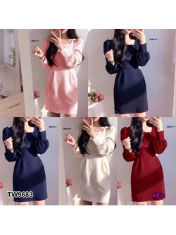 kudapy เดรสคอเหลี่ยม แขนตุ๊กตา ผ้าซาร่าสีพื้นมีซิปหลัง ลุคสาวออฟฟิศ