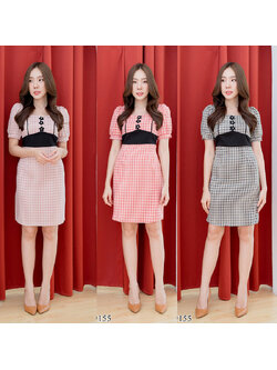 kudapy เดรสสั้นสีชมพู/สีแดง/สีกรม แขนตุ๊กตาลายสก๊อตสวนดูดีน่ารักมากๆ