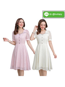 kudapy เดรสสั้นคอเหลี่ยมแขนสั้นสีชมพู สีขาว แต่งกระดุมหน้า มีซิบใน ซิบหลังอย่างดี งานเก็บเรียบร้อย ทรงสวยมาก