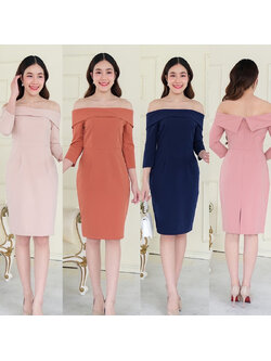 kudapy เดรสสั้นสีชมพู/สีครีม/สีชาไทย/สีกรม เปิดบ่า ดีเทลพับบ่า แขนสามส่วน เข้ารูป ซิปหลัง มีซับในทั้งตัว ผ้าเครปเกาหลี