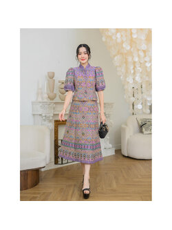 kudapy เซ็ทผ้าฝ้ายทอลายกาฬสินธุ์สีม่วง คอจีน กระดุมหน้า มาพร้อมกับกระโปรงทรงเอสุภาพ