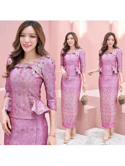 kudapy เซ็ทผ้าซิ่นลายกาฬสินธ์สีชมพู+ผ้าถุงลายแพรวากาฬสินธุ์