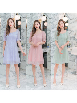 kudapy เดรสสั้นสีชมพู/สีเขียว/สีม่วง แขนจั้มกระดุมหน้า