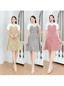 kudapy เดรสสั้นสีกรม สีเหลือง สีชมพู ผ้าลายสก็อตแต่งกระดุม แขนสั้น ใสเที่ยว สวยดูดีมาก