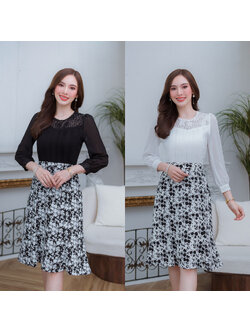 kudapy เดรสสั้นสีขาว/สีดำ ผ้าชีฟองกระโปรงลายดอก ช่วงไหล่เป็นลูกไม้ แต่งด้วยลูกไม้รอบคอ กระโปรงทรงสวยเป็นระบายหางปลา