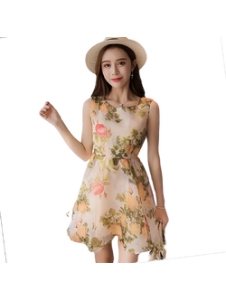 kudapy มินิเดรสสั้นพื้นสีขาวพิมพ์ลายดอกสีแดงและเหลือง เดรสสั้นแขนกุด คอกลม งานมีซับใน ซิบหลัง ทรงสวยมากน้าา