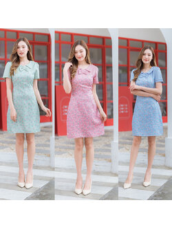 kudapy เดรสสั้นสีชมพู/สีเขียว/สีฟ้า กระโปรงคอปกแต่งโบว์