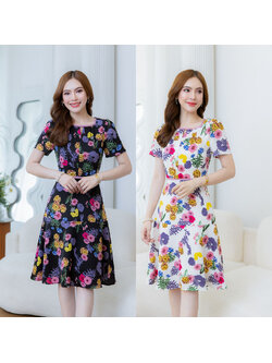 kudapy เดรสสั้นสีขาว/สีดำ ลายดอกคัลเลอร์ฟูล สวยสดใส ดีเทลกุ้นขอบช่วงคอแต่งโบว์ ผ้านิ่ม ใส่สบาย