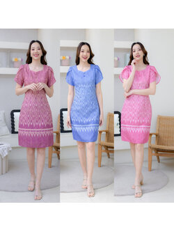 kudapy เดรสสั้นสีชมพู/สีฟ้า/สีม่วง ผ้าไทยพิมพ์ลายทอ ใส่ออกงานสวยดูดี