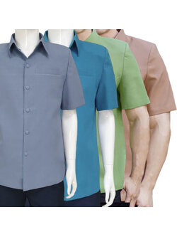 kudapy เสื้อผ้าไหมคอปก สีฟ้าน้ำทะเล,สีน้ำตาล,สีเทา,สีเขียวแก่ เสื้อผ้าไทยผู้ชาย คอพระราชทาน ผ่าหน้า แขนสั้น