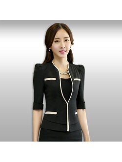 kudapy เสื้อสูทสีดำแฟชั่นแขนสามส่วนสไตล์เกาหลี แต่งขอบสีขาว 2XL 3XL