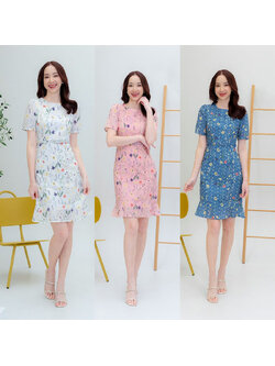 kudapy เดรสสั้นสีน้ำเงินเข้ม/สีขาว/สีชมพู ผ้าฉลุลายดอกคอกลมแต่งกระดุม ใส่สบาย สวยดูดี