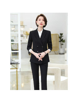 kudapy เสื้อสูทแฟชั่น : เสื้อสูทสีดำ สูททำงาน สูทตัวยาว เสื้อสูทสำหรับผู้หญิง พร้อมส่ง คอปก ตัวยาว กระดุมหน้า 2 แถว