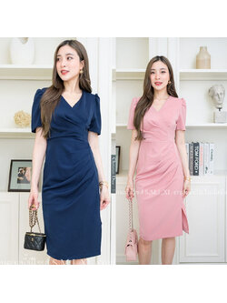 kudapy เดรสสั้นสีน้ำเงินกรมท่า/สีชมพู แขนสั้น คอวี ทรงเข้ารูป แนวเรียบร้อย สวย ดูดี ชุดเดรสทำงาน