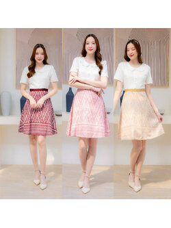 kudapy เดรสั้นสีชมพู/สีแดง/สีน้ำตาล/สีกรม คอปก งานกระดุมหน้า กระโปรงลายไทย งานสวยมากก แต่งขอบเอวใส่แล้วพรางหุ่น