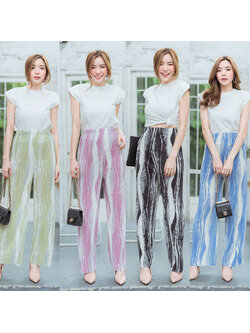 kudapy เซทเสื้อ+กางเกงอัดพีชลายคลื่นสีเขียว,ดำ,ฟ้า,ชมพู สวยดูดีใส่สบายน่ารัก