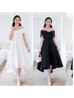 kudapy เดรสกระโปรงทรงหน้าสั้นหลังยาวสีดำ/สีขาว เปิดบ่าTwist อกใหญ่ ปิดพรางซ้อนแขน แบบอลังๆ แต่ไม่เวอร์วัง ทรงสวยเด่น เจ้าหญิง