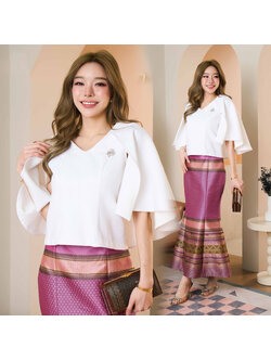 kudapy ชุดออกงาน เสื้อผ้าฝ้ายแขนระบาย+กระโปรงผ้าไหม ทรงหางปลา