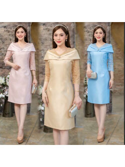 kudapy เดรสสั้นพิ้งโกลด์ สีฟ้า สีทอง เดรสผ้าไหมจิตลดาโอบไหล่ ตัวผ้าไหมจิตลดา ทรงเอทรงเอ มีซับในและชิปซ่อนหลังใส่สบาย