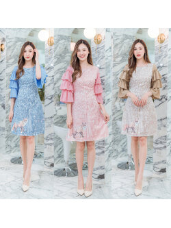 kudapy เดรสสั้นสีฟ้า/สีชมพู/สีน้ำตาล แขนระบายลายหมาป่าใส่สวยดูดีสบายตัว