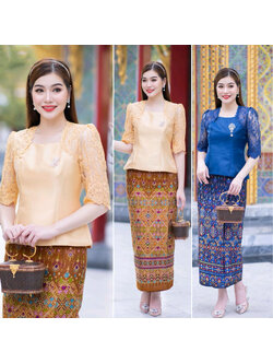 kudapy ชุดเซตเสื้อ+ผ้าถุง (เอวสูง) เสื้อไหมญี่ปุ่นสุดพรีเมี่ยมงานปราณีตมาก แต่งแขนด้วยผ้าลูกไม้ใยบวบเนื้อนิ่ม