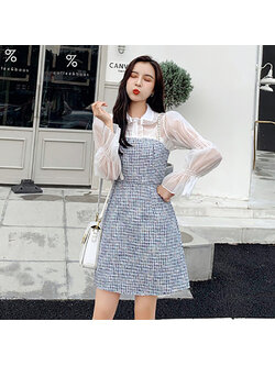 kudapy เดรสสั้นสีฟ้า ผ้ากระสอบทรงเอแคบโทนฟ้าสายเดี่ยวมีเสื้อตัวในเป็นผ้าแก้วคอบัว แขนยาวจั๊มแขน